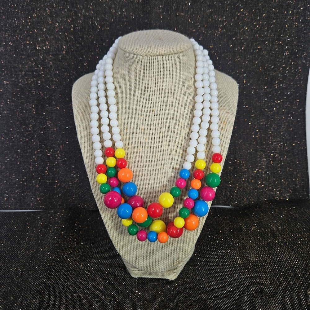 Vtg Multi Strand Lucite Gumball GLOW Moonlight Colorful Garduated Bead Necklace